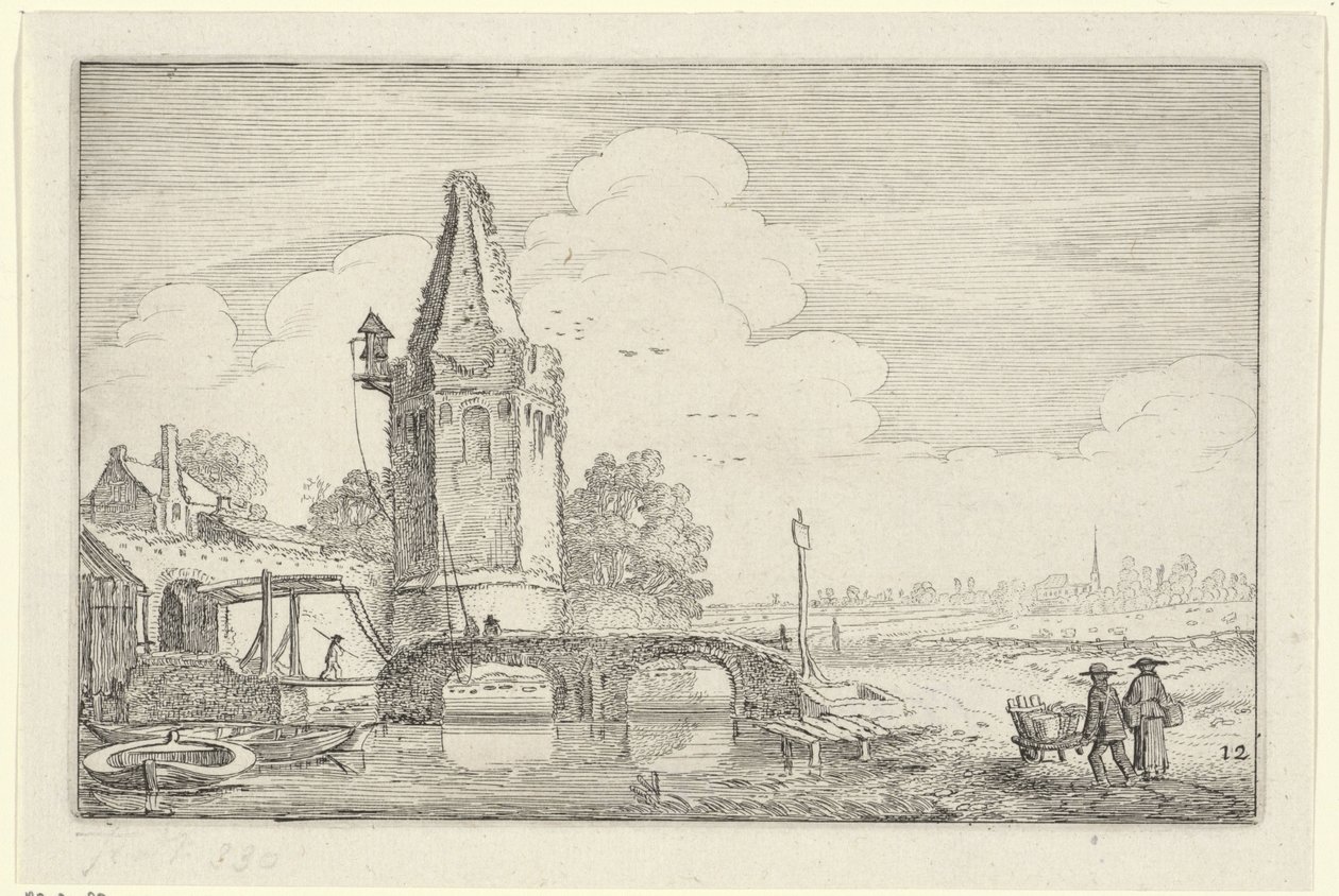 Landschaft mit einem Turm und einer Brücke über den Fluss Niers von Jan van de Velde (II)