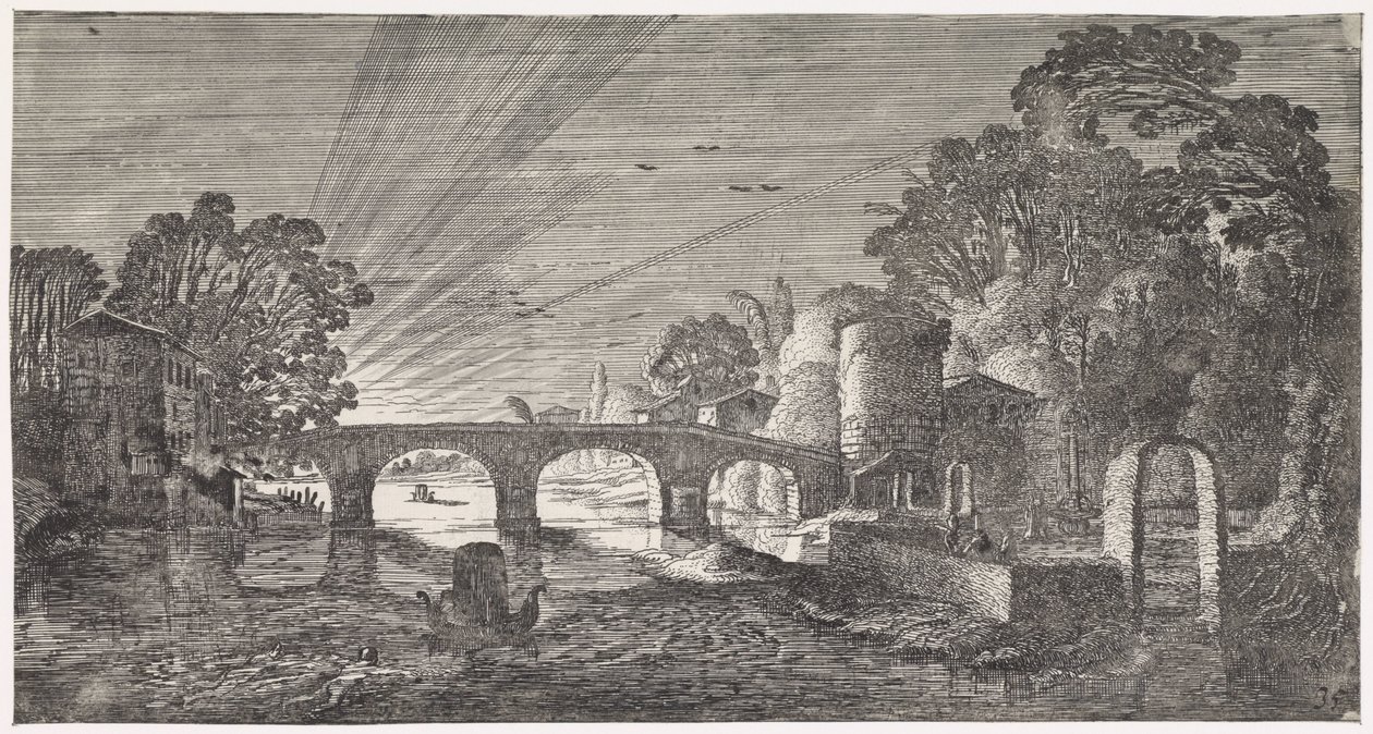 Flusslandschaft bei Sonnenuntergang (Playsante lantschappen ende vermakelycke gesichten) von Jan van de Velde (II)