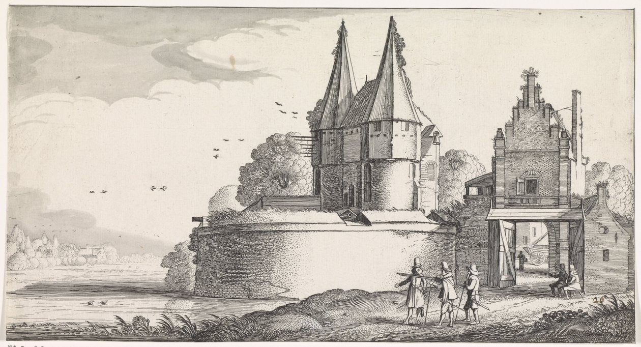 Soldaten bei einem Fort und einem Stadttor an einem Fluss (Playsante lantschappen ende vermakelycke gesichten) von Jan van de Velde (II)