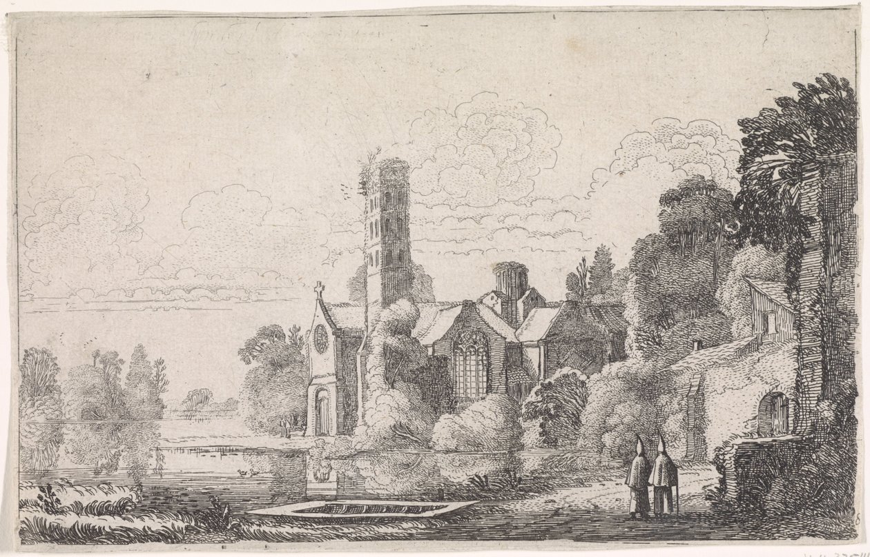 Zwei Mönche bei einer Abtei in einer Flusslandschaft von Jan van de Velde (II)