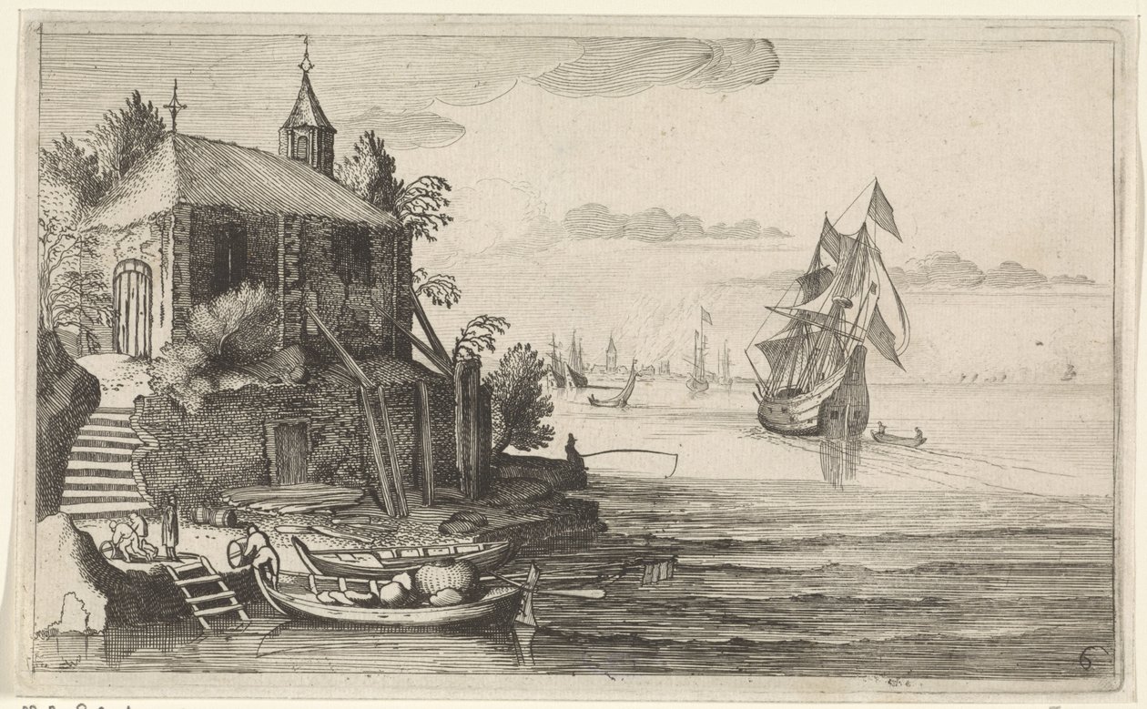Zweimaster bei einer Küste mit einer Kapelle von Jan van de Velde (II)