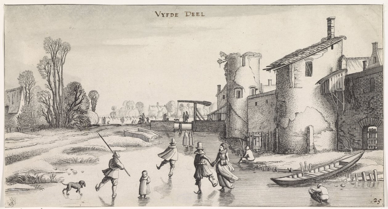 Winterlandschaft mit Schlittschuhläufern bei einer Stadtmauer von Jan van de Velde (II)