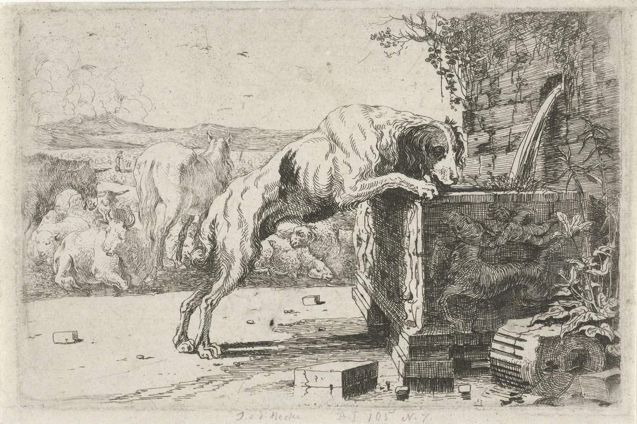 Hund bei einem Brunnen von Jan van den Hecke
