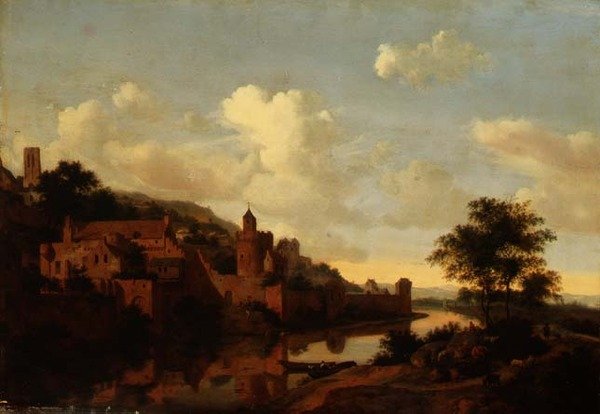 Eine befestigte Stadt über einem Fluss von Jan van der Heyden