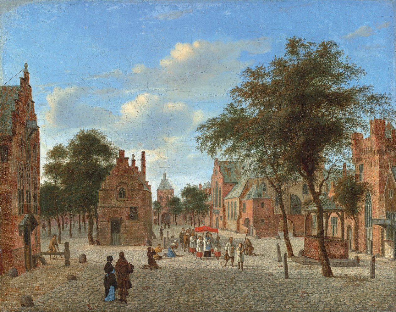 Ansicht eines Stadtplatzes mit einer Prozession während des Fronleichnamsfestes und Figuren, die vor der Hostie knien, um 1637-1712 von Jan van der Heyden