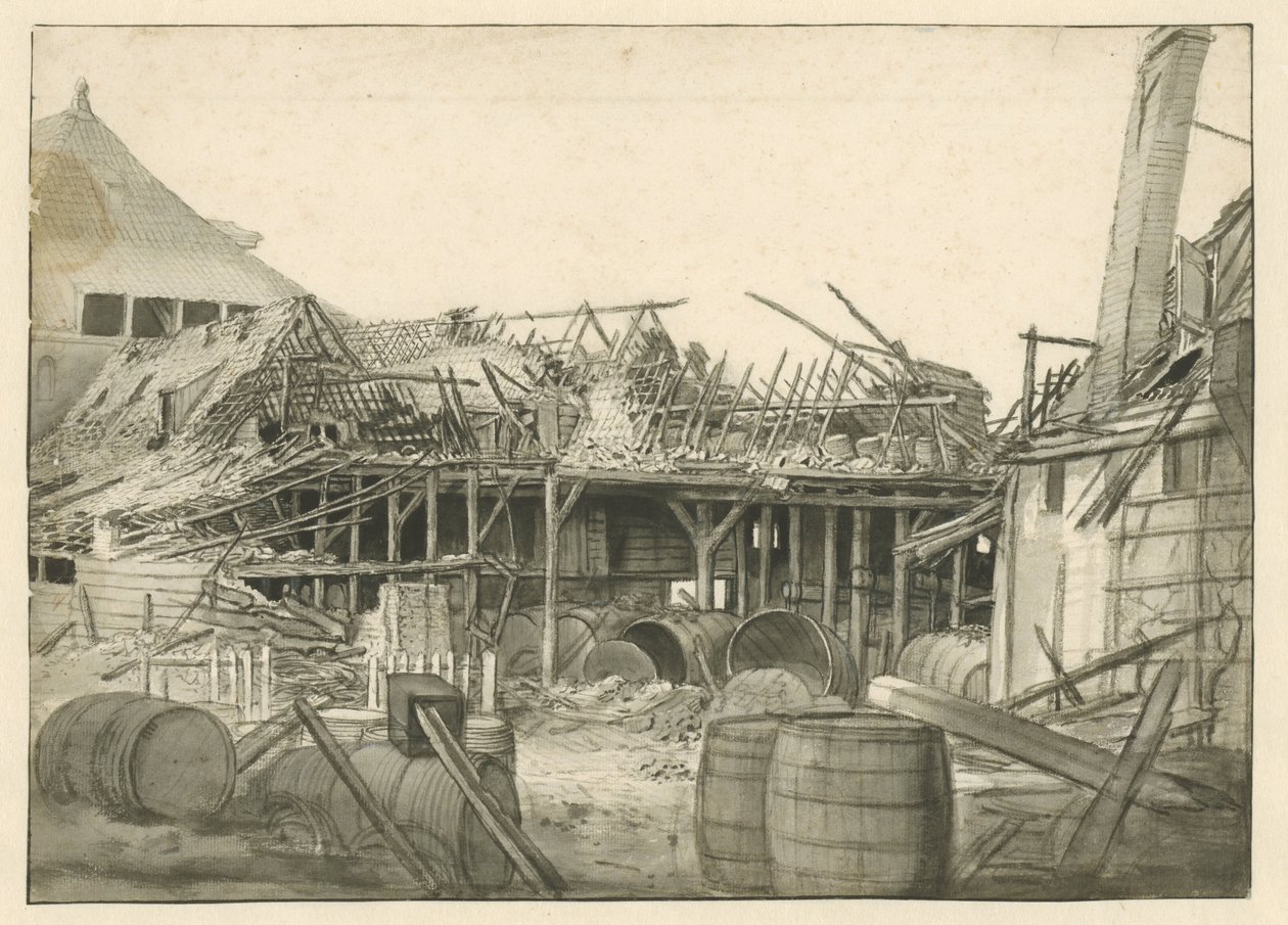 Überreste eines ausgebrannten Lagerhauses von Jan van der Heyden