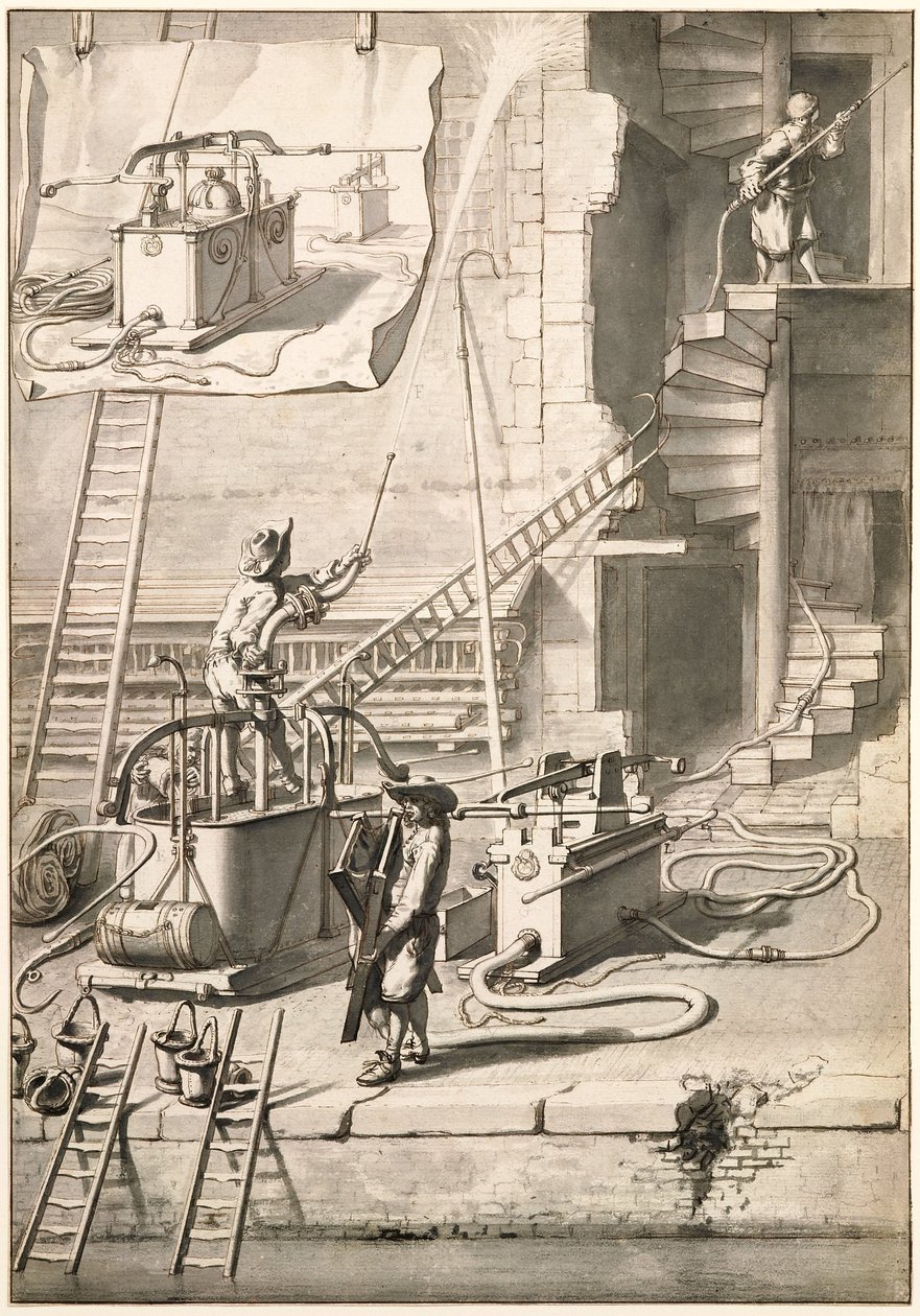 Vergleich der alten Feuerspritzen mit Van der Heydens Schlauchfeuerspritze von Jan van der Heyden