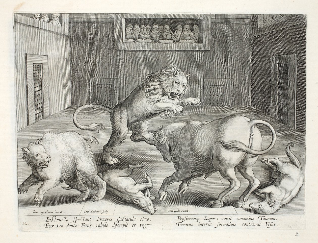 Adlige beobachten den Kampf wilder Tiere in einem Zirkus, Illustration ...