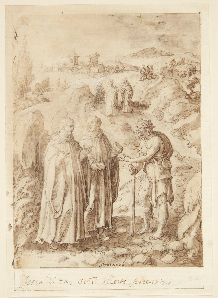 S. Giovanni Alberti Fiorentinos Geschichte. Der Heilige und der begleitende Mönch geben einem Bettler ihr letztes Brot von Jan van der Straet