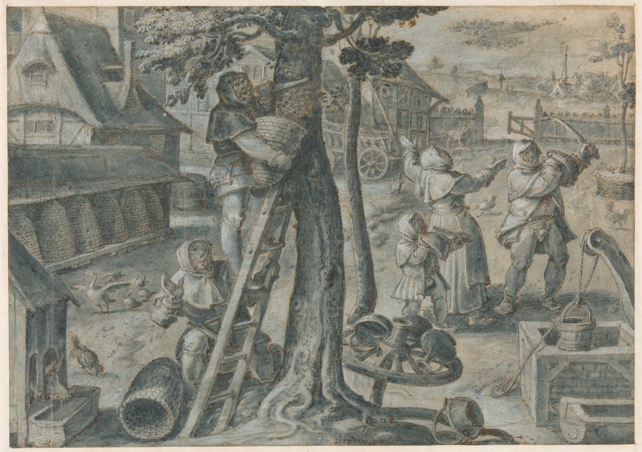 Das Einfangen eines Bienenschwarms auf einem Bauernhof von Jan van der Straet