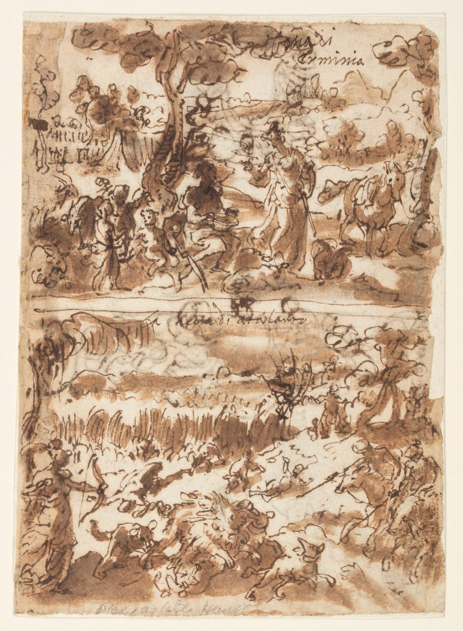 Oben: Erminia und der Hirte; Unten: Atalanta jagt den kalydonischen Eber von Jan van der Straet, called Stradanus