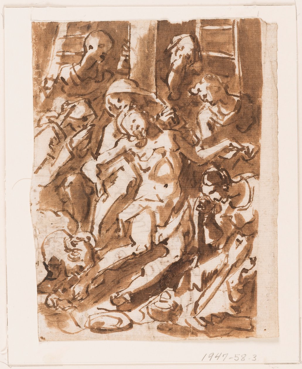 Seite eines Skizzenbuchs; Maria hält den Körper Christi am Fuß des Kreuzes von Jan van der Straet, called Stradanus