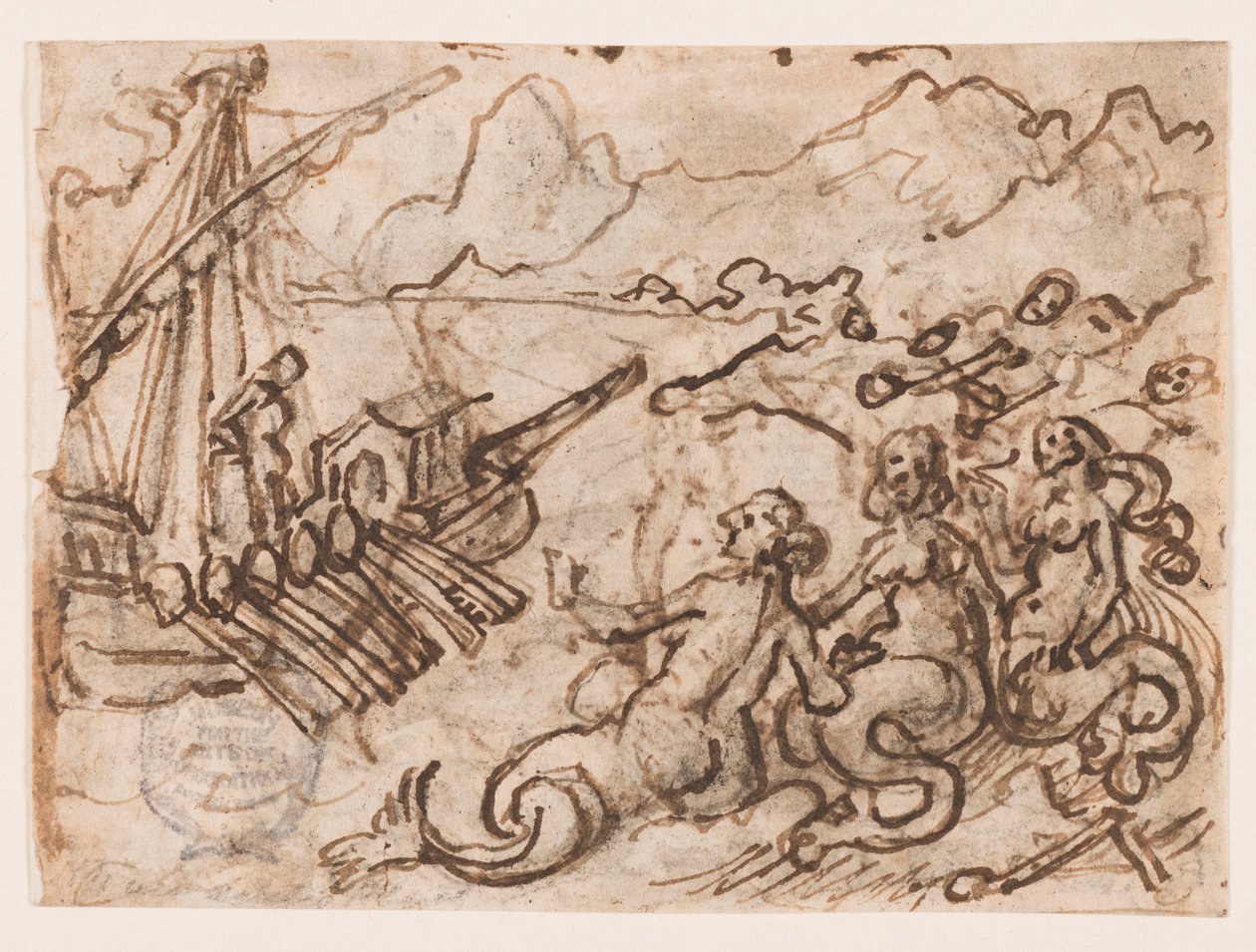 Seite eines Skizzenbuchs: Odysseus passiert die Sirenen (recto); Odysseus in der Unterwelt (verso) von Jan van der Straet, called Stradanus