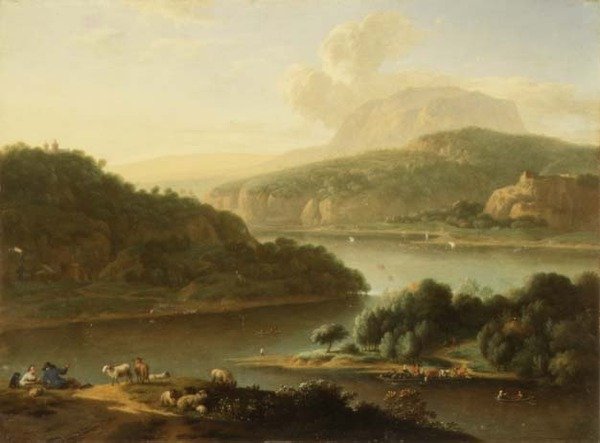 Eine Flusslandschaft mit Schäfer und Bäuerin im Vordergrund von Jan van der the Younger Meer