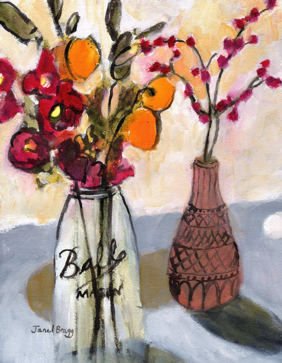 Stillleben mit Einmachglas und Blumen, ca. 2020 von Janel Bragg