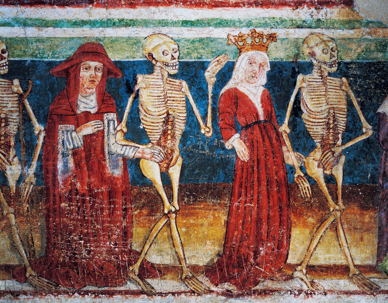 Hrastovlje befestigte Kirche, Dreifaltigkeitskirche, Tod begleitet Königin und Kardinal, Totentanz (1490), Detail aus Fresken von Janez Iz Kastva, Slowenien von Janez Kastav