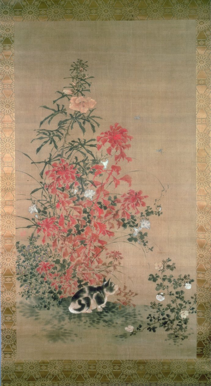 Katze zwischen Blumen von Japanese School