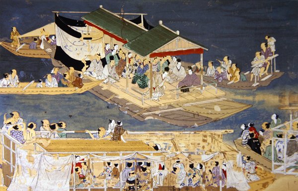 Fest auf dem Wasser mit Sarugaku-Theaterunterhaltung, Illustration in der Zeitschrift 
