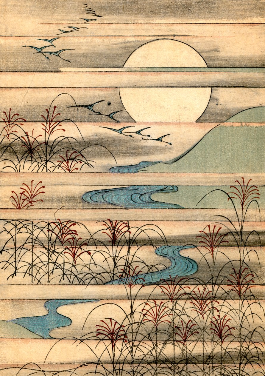 Vollmond über einer Flusslandschaft von Japanese School