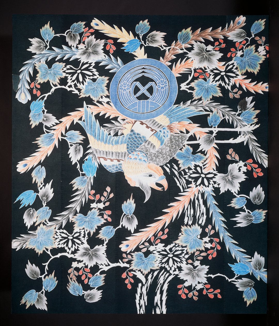 Futonji-Bettdecke mit Motiven von Phönix, Paulownia und Narzissen, Baumwolle, Indigo, Pigment und Tinte von Japanese School