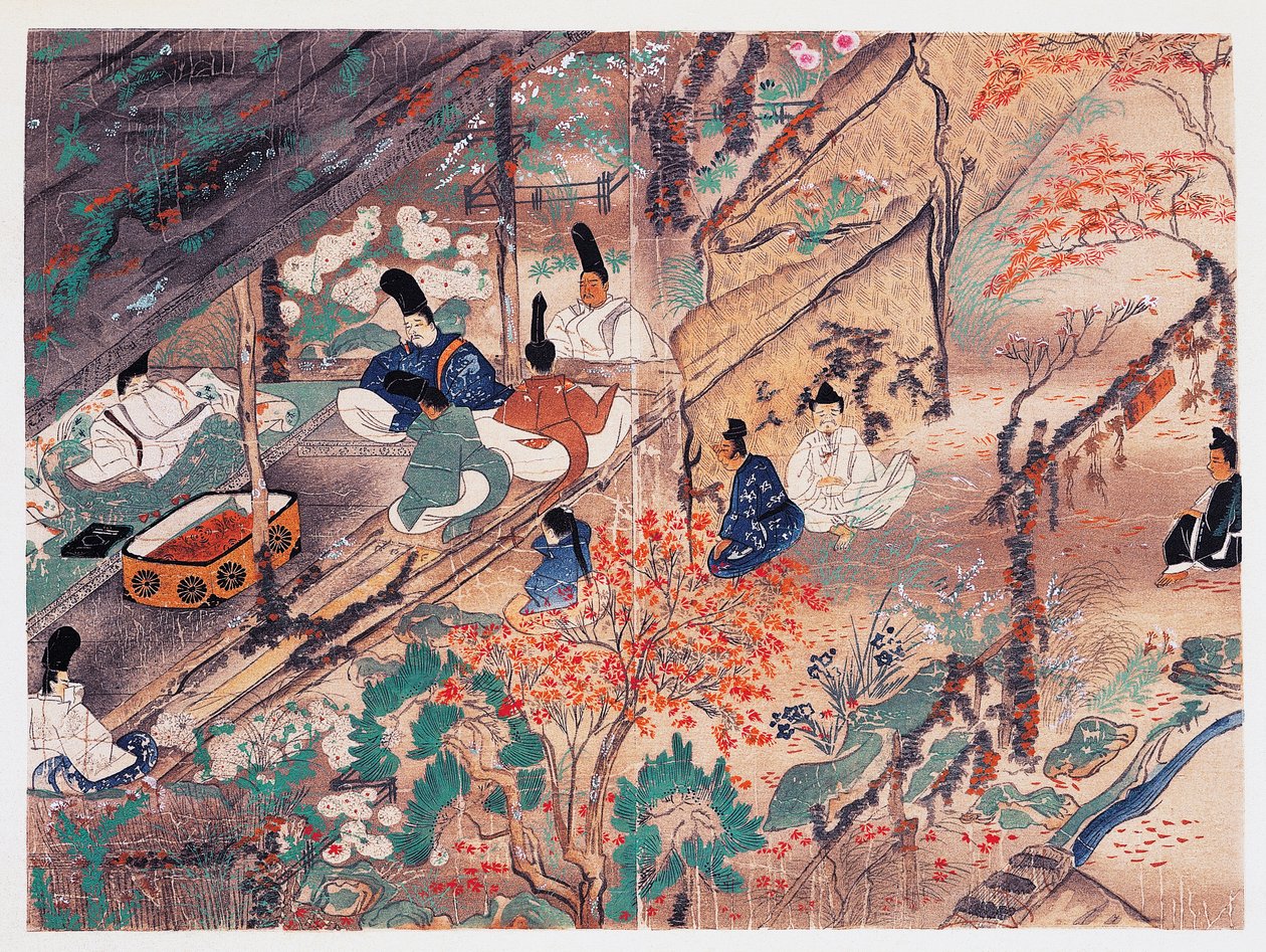 Heian-Politiker und Dichter Sugawara Michizane, bekannt als Tenjin-San (Himmlischer Geist), im Exil im Kitano Tenman-Gu-Schrein in Kyoto, verteilt Kleidung, die von einem ehemaligen Kaiser gespendet wurde, Kamakura-Periode, Japan von Japanese School