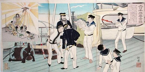 Japanische Matrosen bewundern ihr Adler-Maskottchen, eine Episode aus dem Chinesisch-Japanischen Krieg, späte 19. Jahrhundert von Japanese School
