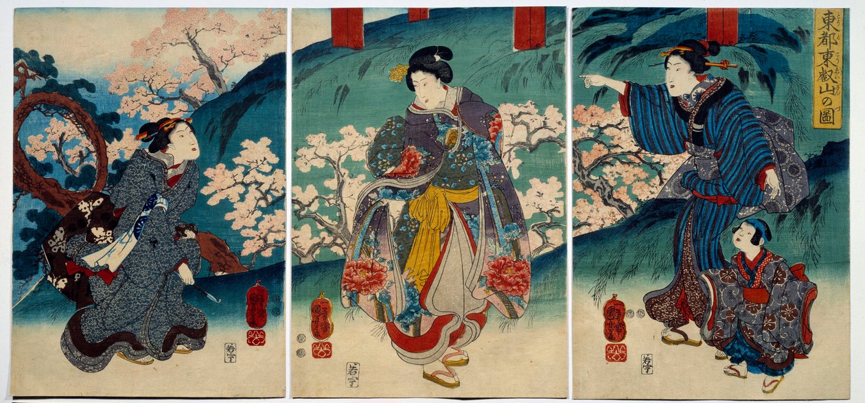 Japanische Kunst: Frauen im Frühling. Druck aus dem 19. Jahrhundert von Japanese School