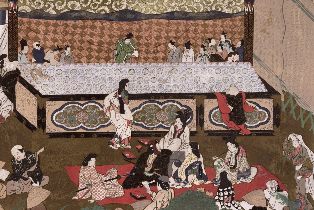 Kabuki-Theater auf einem Jahrmarkt in Kyoto, Illustration nach einem Gemälde aus dem 17. Jahrhundert aus 