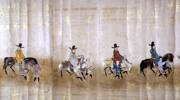 Sechste koreanische Gesandtschaft nach Japan in Meireki 1 zur Zeit der Nachfolge von Tokugawa Ietsuna im Jahr 1651, möglicherweise von Kano Masunobu (1625-94) (Detail) von Japanese School