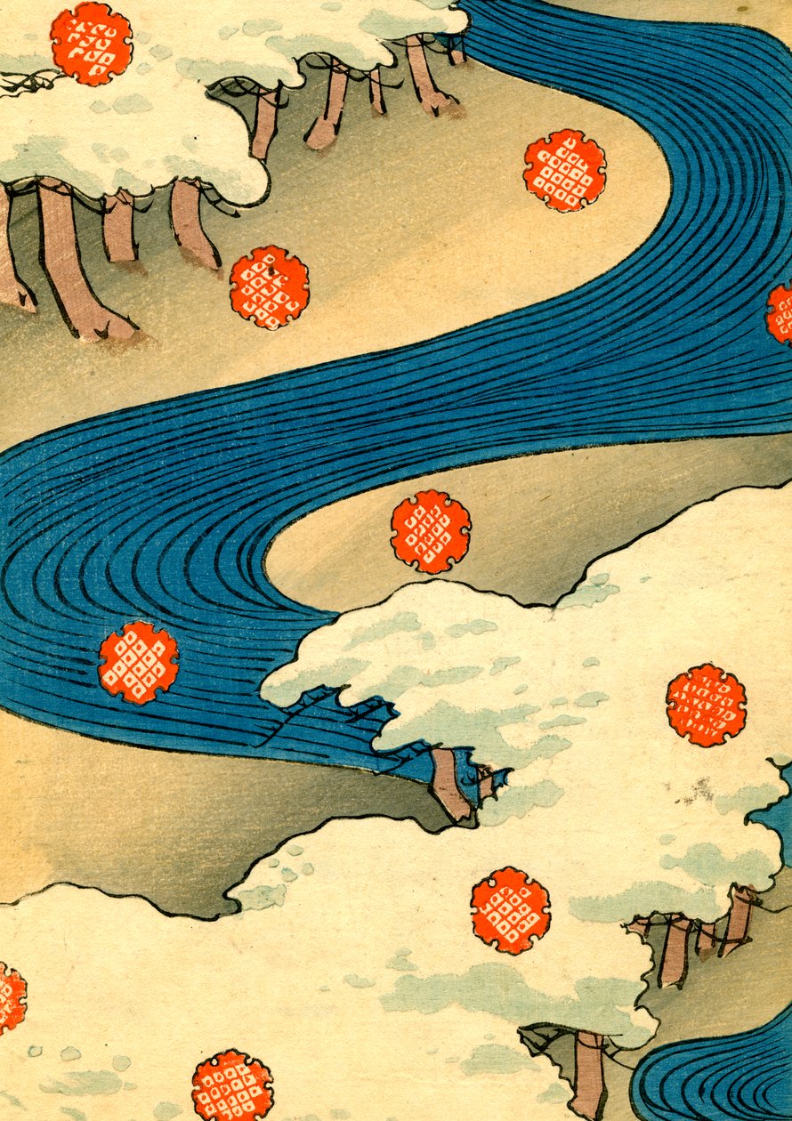 Schneeflocken fallen in einer Flusslandschaft von Japanese School