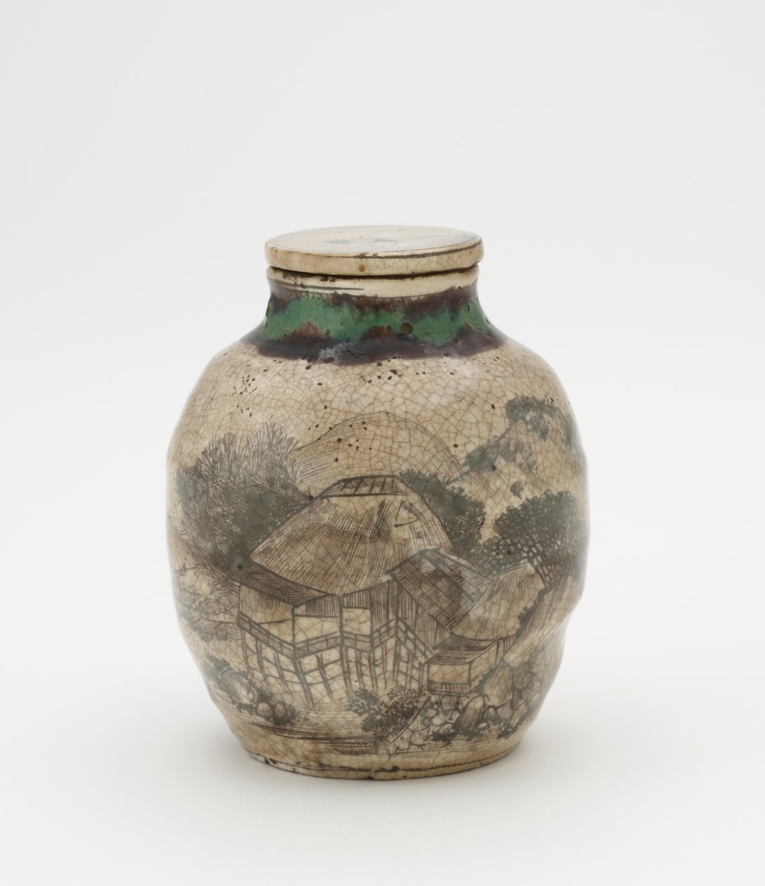 Teeblattkrug für Sencha, mit passendem Deckel, Kyoto-verwandte Ware, Teeblattkrug (Sencha Tsubo) von Japanese School