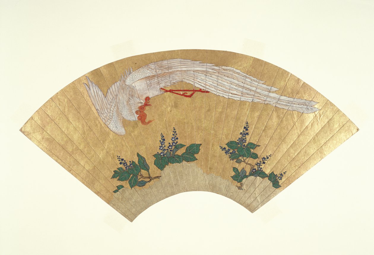 Unmontierter Fächer: Vogel taucht auf schneebedeckten Bambus, ca. 1700-60 von Japanese School