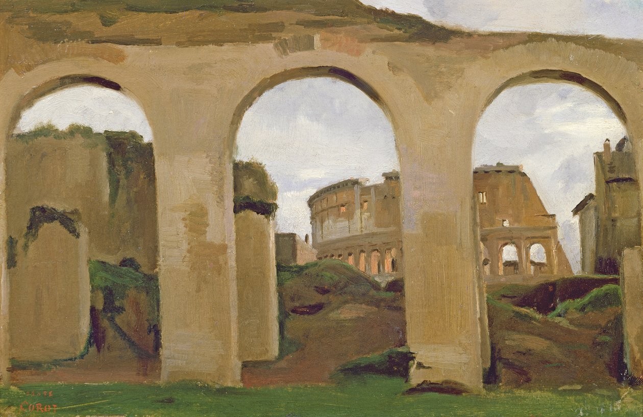Das Kolosseum, gesehen durch die Arkaden der Basilika von Konstantin, 1825 von Jean Baptiste Camille Corot