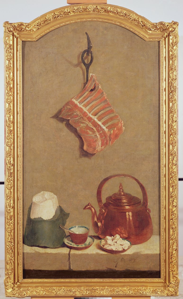 Stillleben mit Fleisch, Kessel, Tasse, Zuckerhut und Zuckerstücken von Jean Baptiste Oudry