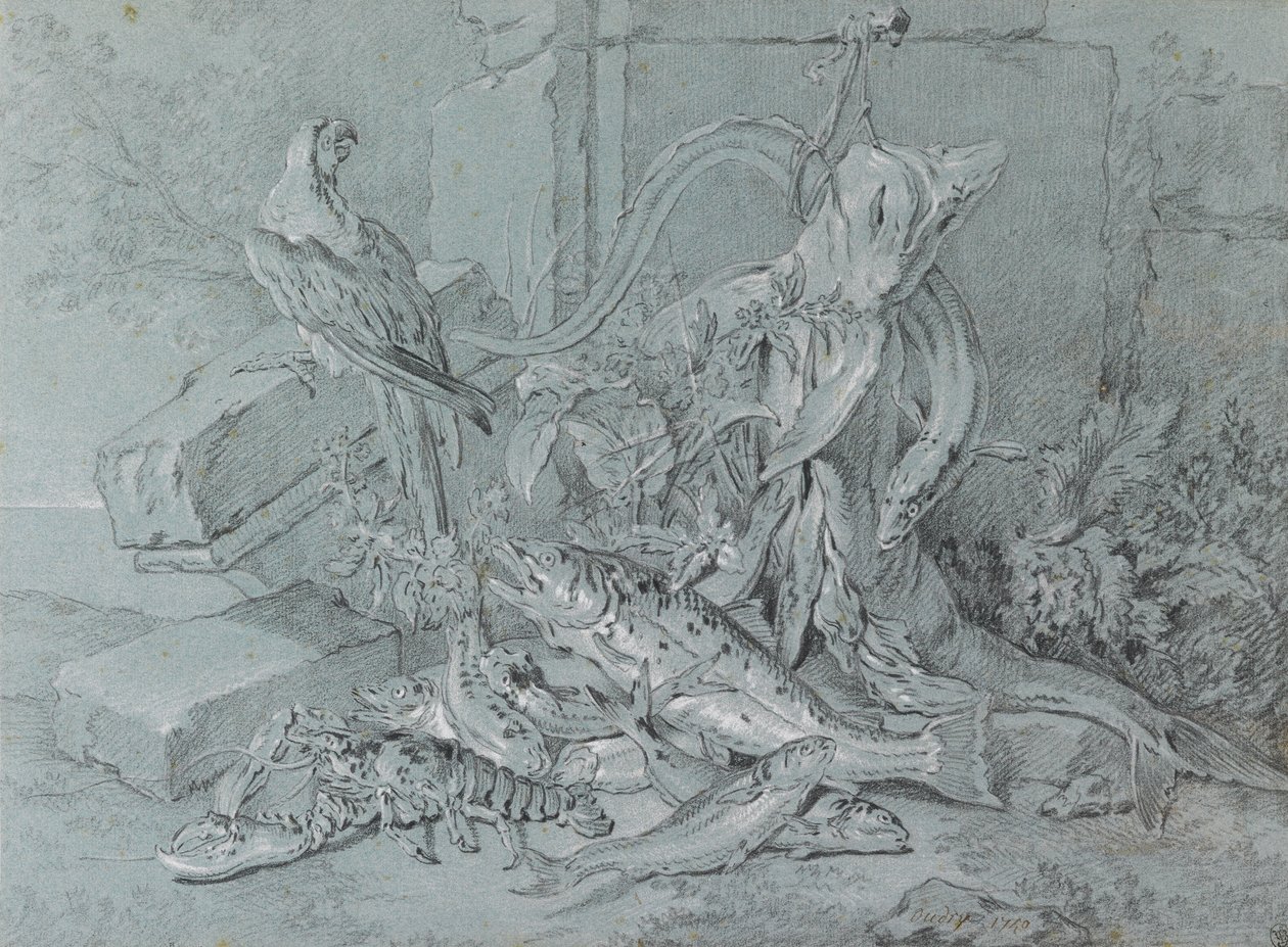 Stillleben mit Fisch und Papagei von Jean Baptiste Oudry