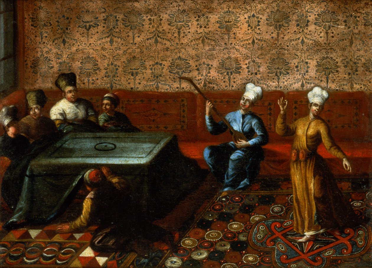 Figuren versammelt um einen Kursi mit einem Musiker und einer Tänzerin, die vor ihnen auftreten von Jean Baptiste Vanmour