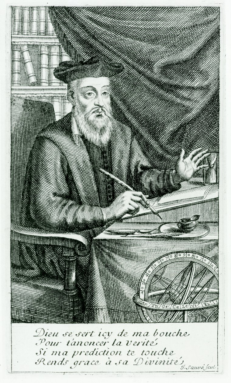 Michel de Nostredame (Nostradamus) (1503-66) schreibt seine Prophezeiungen, graviert von Jean Sauve (fl.1660-91) von Jean Boulanger