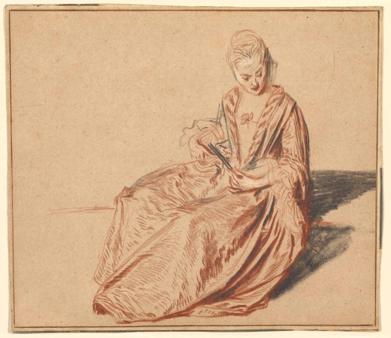 Sitzende Frau mit einem Fächer von Jean-Antoine Watteau