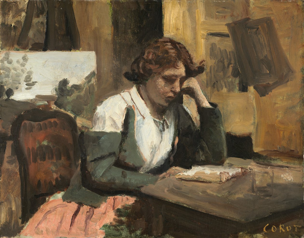 Frau liest im Atelier von Jean-Baptiste-Camille Corot