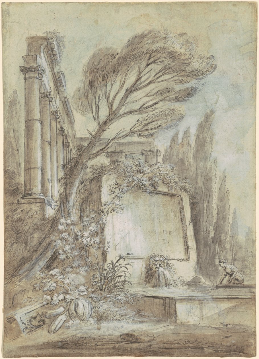 Architektonische Fantasie römischer Ruinen mit Inschriftentafel, ca. 1768 von Jean-Baptiste Lallemand
