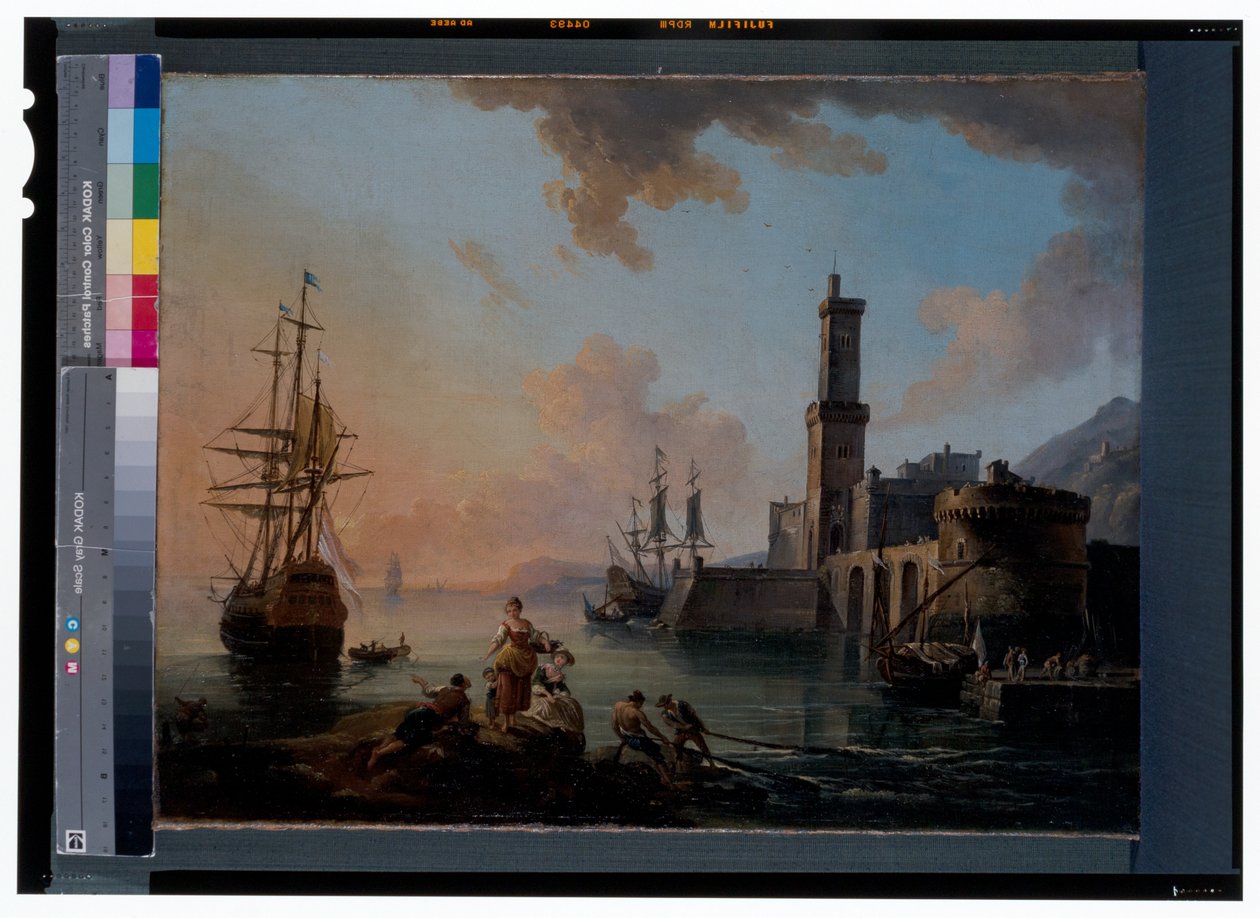 Fischer und Kurtisanen in einem Mittelmeerhafen bei Sonnenuntergang von Jean Baptiste Lallemand