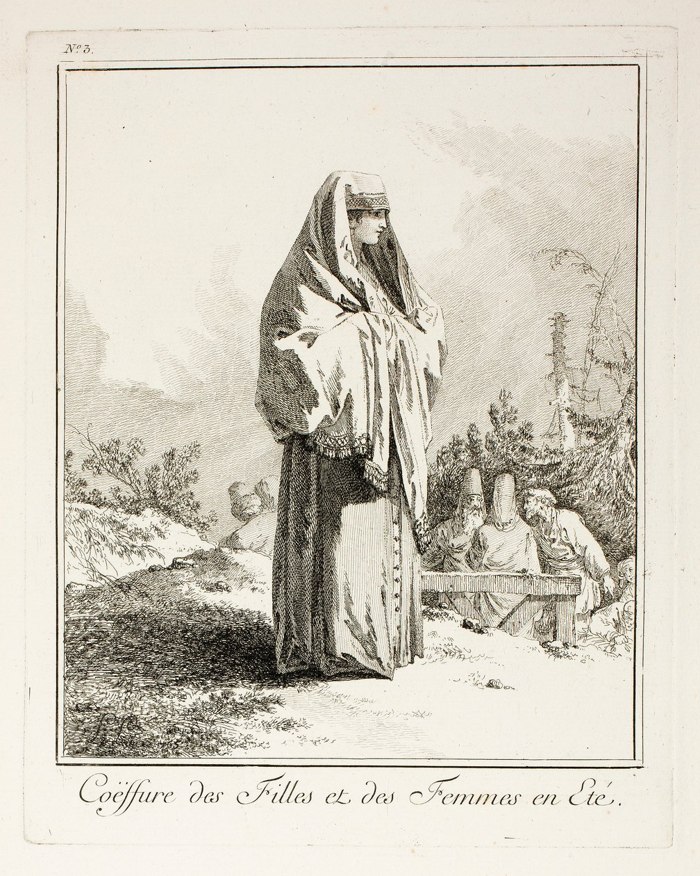 Kopfschmuck für Mädchen und Frauen im Sommer, Platte drei aus Verschiedene Trachten der Völker des Nordens von Jean-Baptiste Le Prince