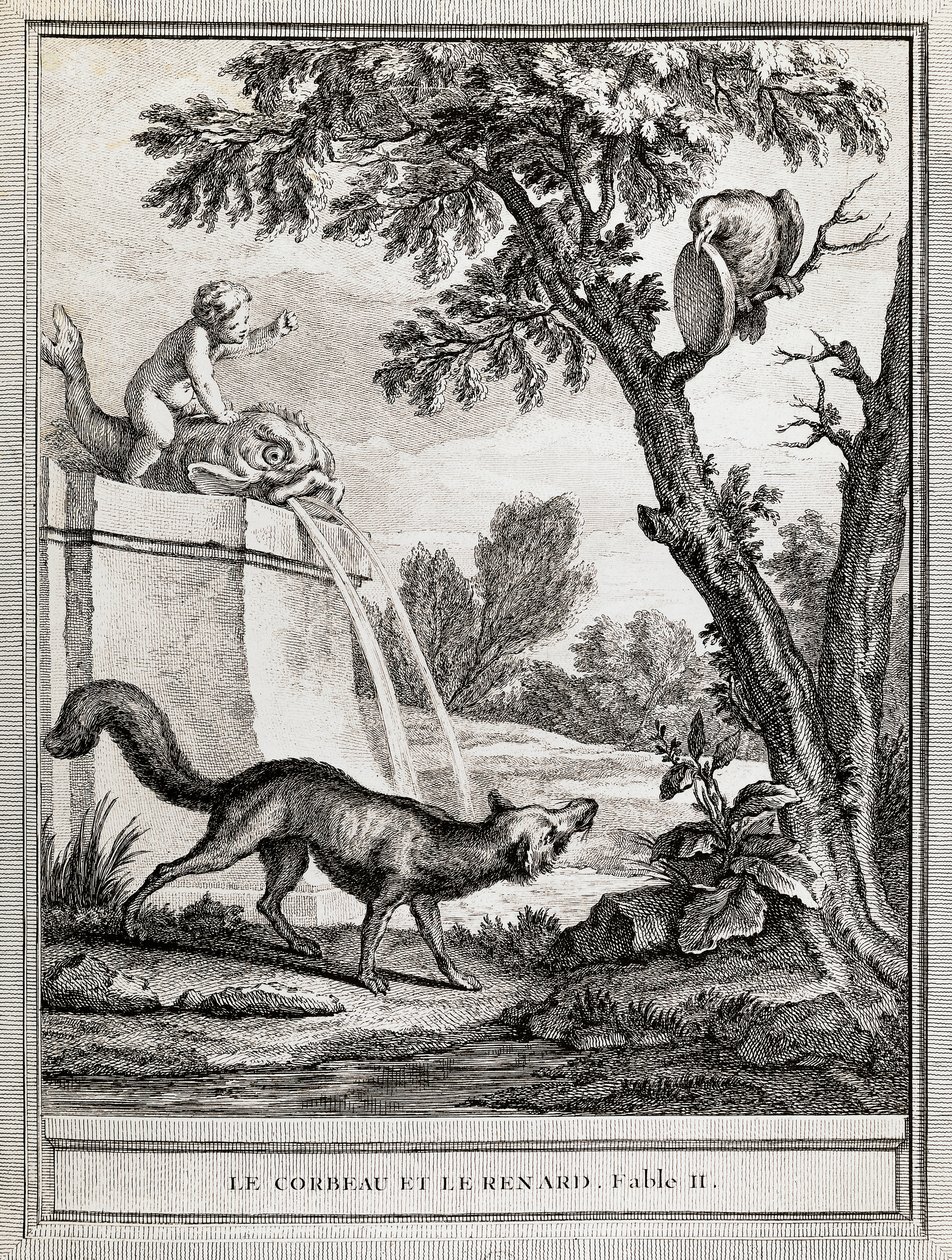 Der Rabe und der Fuchs, Illustration von Jean-Baptiste Oudry für die Fabel von Jean de La Fontaine von Jean Baptiste Oudry