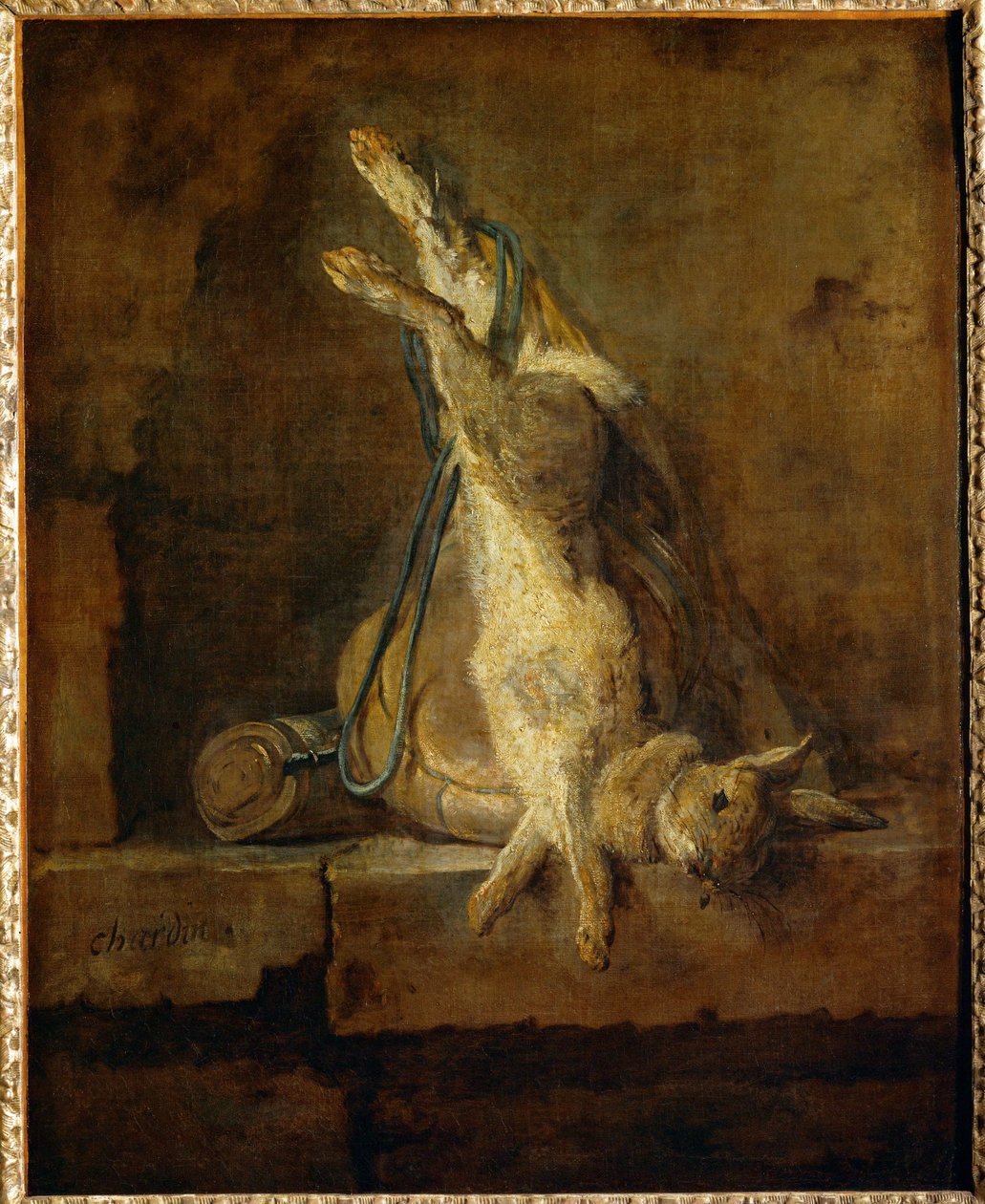 Toter Hase mit Jagdtasche und Pulverflasche von Jean Baptiste Simeon Chardin