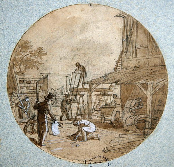 Die Werkstatt des Zimmermanns, Plattendesign für ein Service, das verschiedene Berufe darstellt, ca. 1820-35 von Jean-Charles Develly