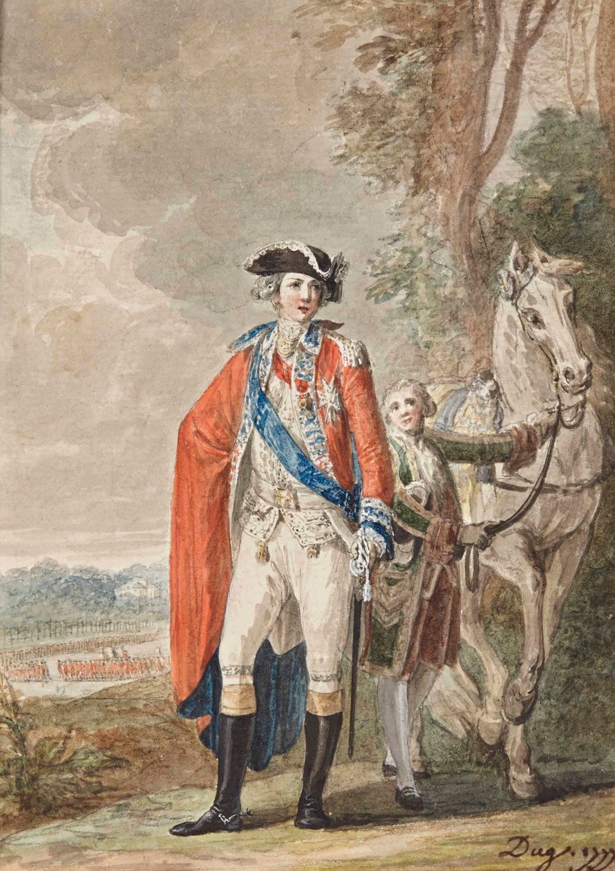 Der Graf von Artois in Uniform (1757-1836), ein Diener hält sein Pferd von Jean-Desmosthene Dugourc