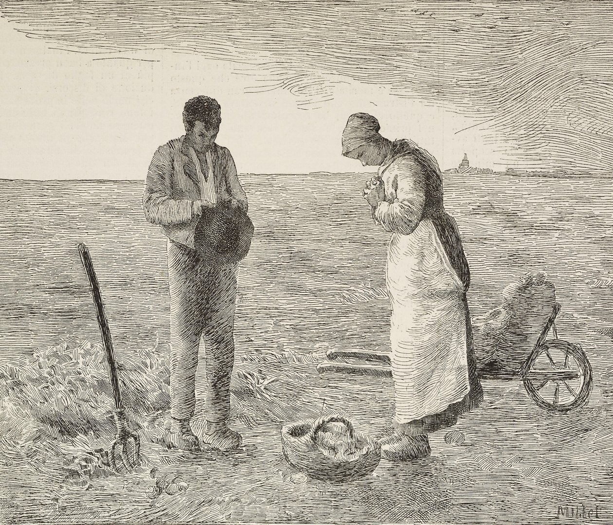 Angelus, Bauernpaar auf Feldern, Gravur nach einem Gemälde von Jean-Francois Millet, aus L