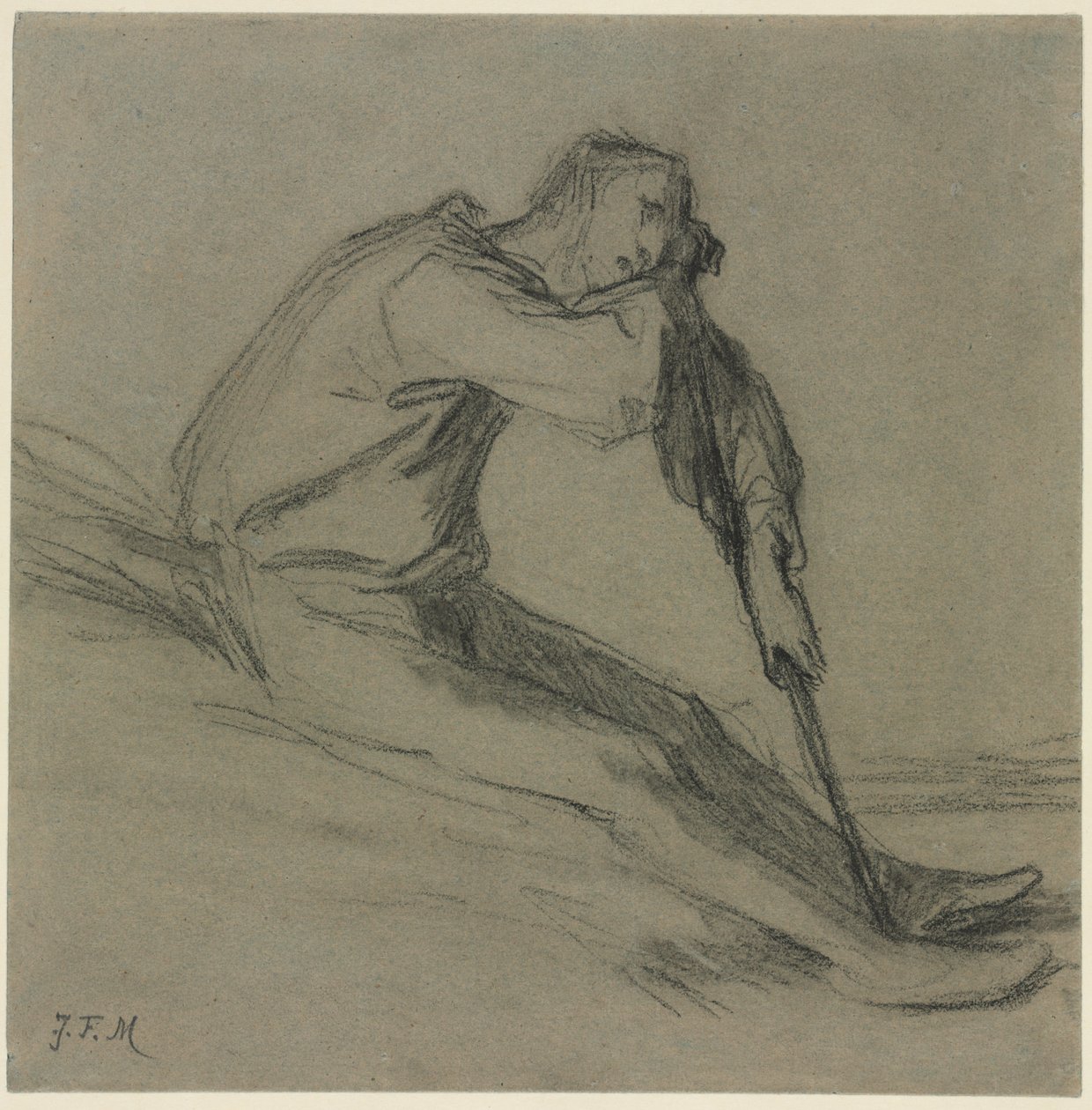 Sitzender Bauer, der sich auf eine Hacke stützt von Jean-Francois Millet