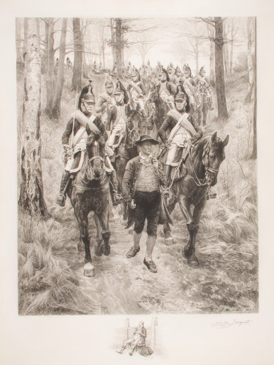 Französische Kavallerie, die mit einem Führer durch den Wald reist, graviert von Achilles Jacquet von Jean Louis Ernest Meissonier