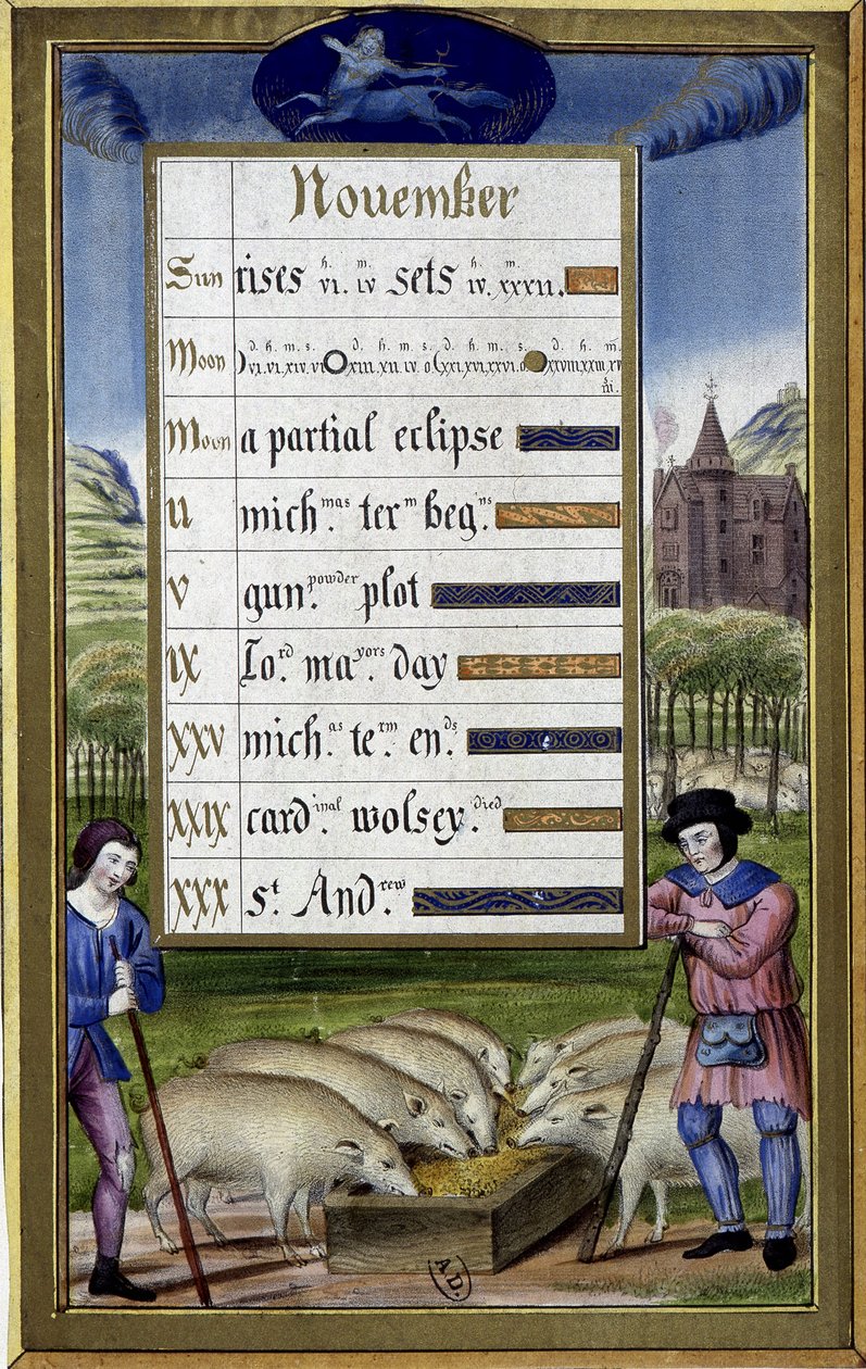 November und Zeichen des Schützen: Schweinezucht - Faksimile der Stunden der Anne de Bretagne, von Jean Bourdichon von Jean (after) Bourdichon